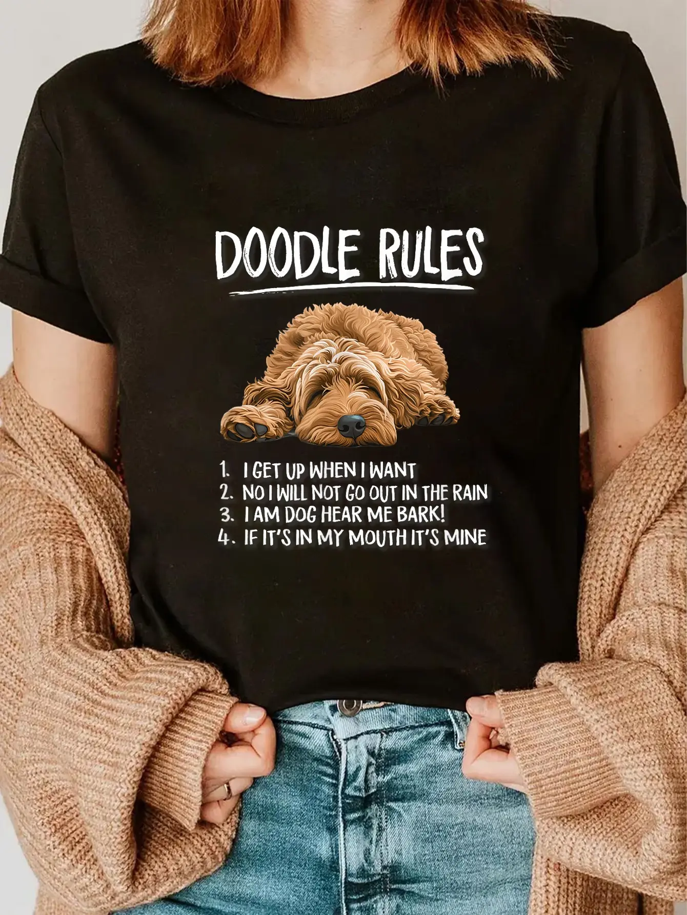 Women's Casual Goldendoodle Graphic T-Shirt, Funny Vintage Style 100% Cotton Shortsleeve Round Neck Top for Everyday Wear, Tshirt