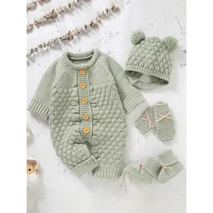 Baby's Button Front Sweater Jumpsuit & Pom Pom Decor Baby Bonnet & Bow Decor Mittens & Knit Baby Shoes Outfit Set, Cute Clothes Set, Cute Onesies Set for Newborn Infant Kids, Halloween Western Print Bell Pants Set