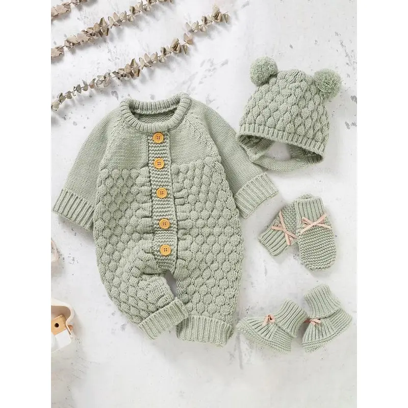 Baby Button Front Open Sweater Romper and Pom Pom Decorated Baby Hat and Bow Decorated Gloves and Knitted Baby Shoes Set, Cute Clothing Set
