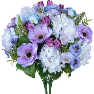 21.6" Artificial Flowers for Cemetery Vase Fake Hydrangea Purple Silk Flowers Bouquet Hibiscus Flower Arrangements for Table Home Cemetery Garden Wedding Memorial Day Indoor Outdoor Decor