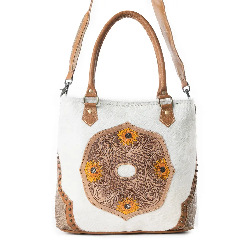 Women's Burnished, Hand-Tooled Casual Office Handbag, Western Elegance, Hairon Hide, Cotton, Feminine Aesthetic, Everyday Carry, Zippered Pockets, Floral Tooling, Office Outfits Women, Corporate Office Wear