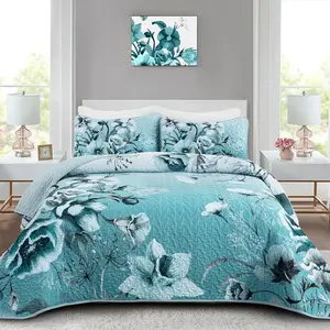 Blue Floral Set King Size 3 Pieces Boho Flower Coverlet Set Soft Microfiber Lightweight Floral Quilted Bedspread with 2 Pillow Shams for All Season 90"x104"