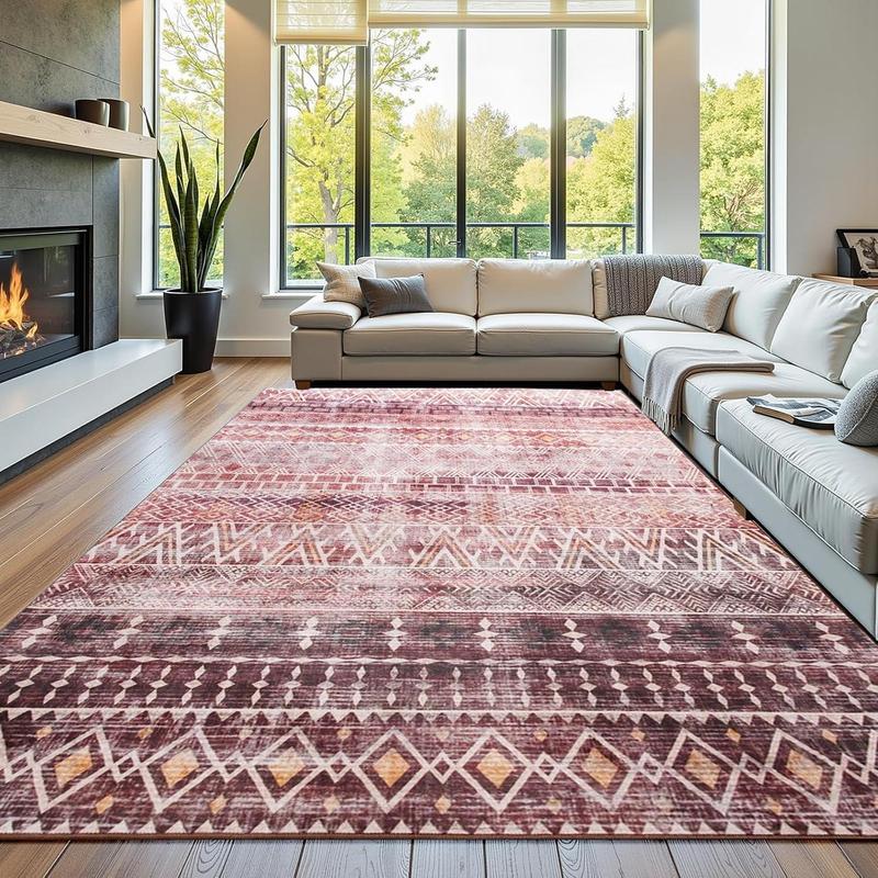 8x10 Washable Bohemian Print Area Rug with Geometric Pattern,Non-Slip Backing Indoor Modern Floor Mat,Low Pile Rug for Living Room,Bedroom,Dining Room,Dorm Home Decor, Red, Light Grey, Green,4x6,5x7,6x9,8x10 Feet