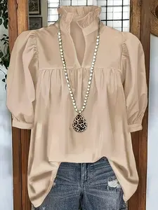 New Summer Plain Ruffle Neck Short Sleeve Shirt, Women's Loose Fit Casual French Tuck Top, Teacher Office Back-To-School Wear