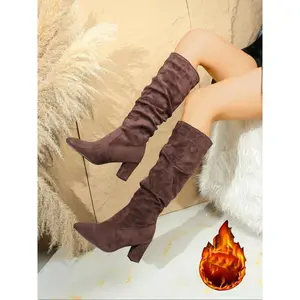 Women's High Heel Western Knight Boots, Textile Upper Material, Above Ankle Height, Plain Pattern, Spring & Fall Season