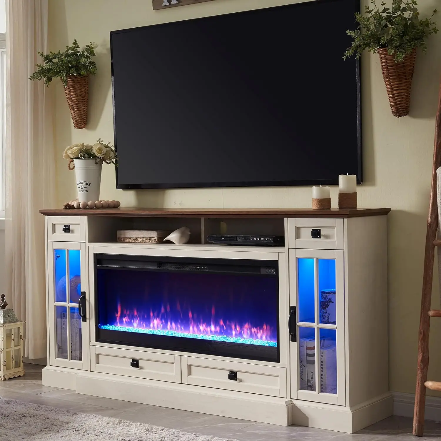 OKD Fireplace TV Stand for 80 Inch TV, Farmhouse Entertainment Center with 42" Fireplace & LED Lights, Cupboards & Cabinets, Modern Media Console Table with Storage Drawers & Cabinets for Living Room above 25 kg tv stands & bedside tables removable