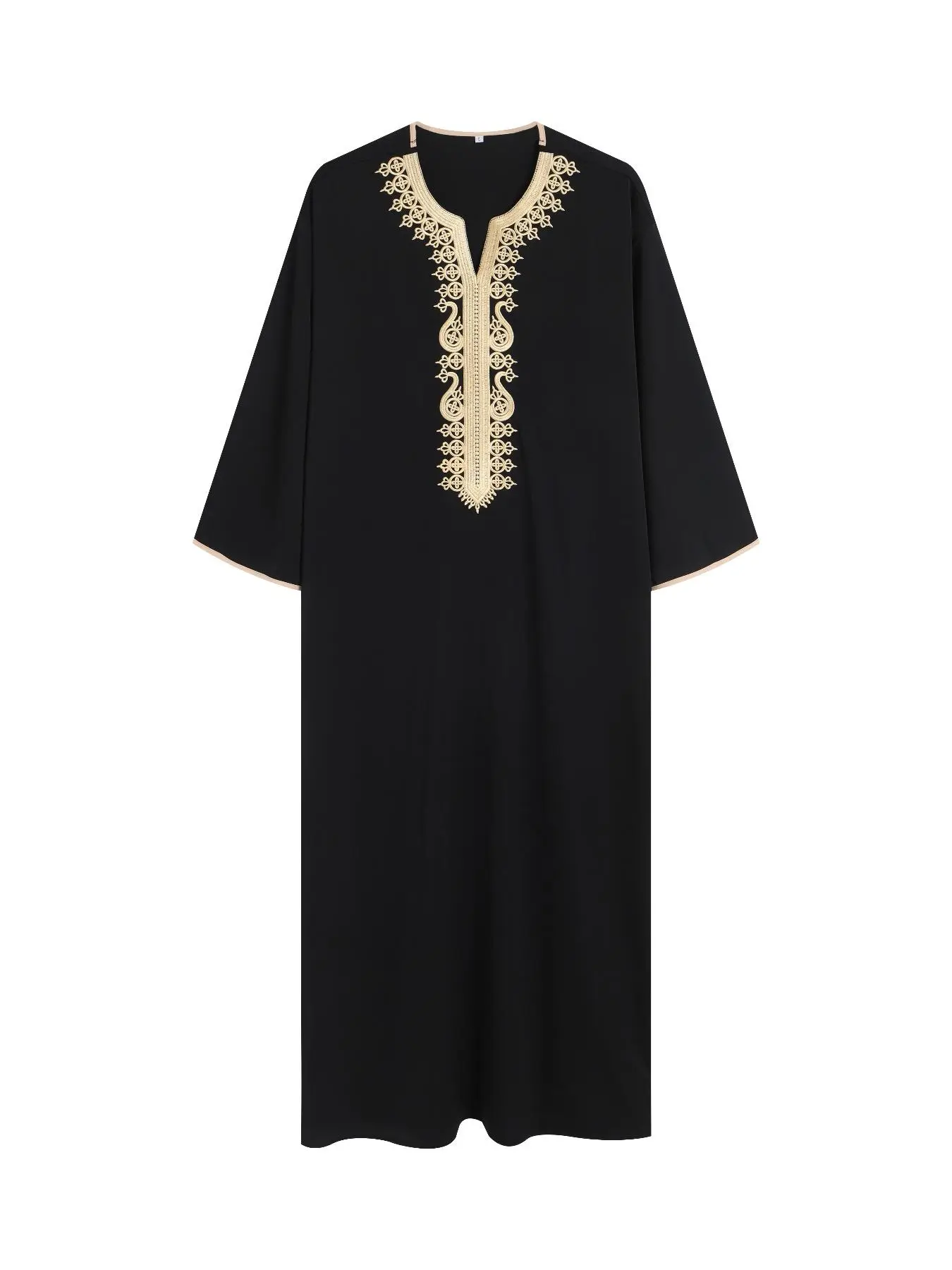 Men's Ethnic Pattern Embroidery Notched Neck Kaftan, Loose Long Sleeve Arabic Clothing, Casual Soft Comfy Long Dress for Daily Wear