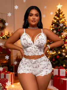 Women's Plus Size Elegant Lace Two-Piece Lingerie Set - Full Coverage Bra and High Waisted Shorts with Bow Decoration, Floral Print and Lace Trim, Women's Plus Size Friendly Elegant Lingerie Set, Lace Bra Without Wire Fabric Fit