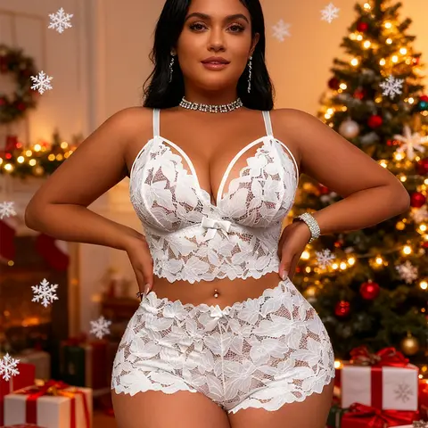 Women's Plus Size Elegant Floral Lace 2-Piece Lingerie Set - Wire-Free Strap Bra, High-Rise Shorts, Secure Fit Underwear for Women, Machine Washable for Valentine's Day (Floral Lace Design)