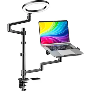Laptop Desk Mount, Laptop Stand for Desk with 10" LED Ring Light 3 Color&amp;10Brightness, Height Adjustable Laptop and Monitor Stand for 17-32" Monitor/12-17 Laptop Home Office Online BCM001-B