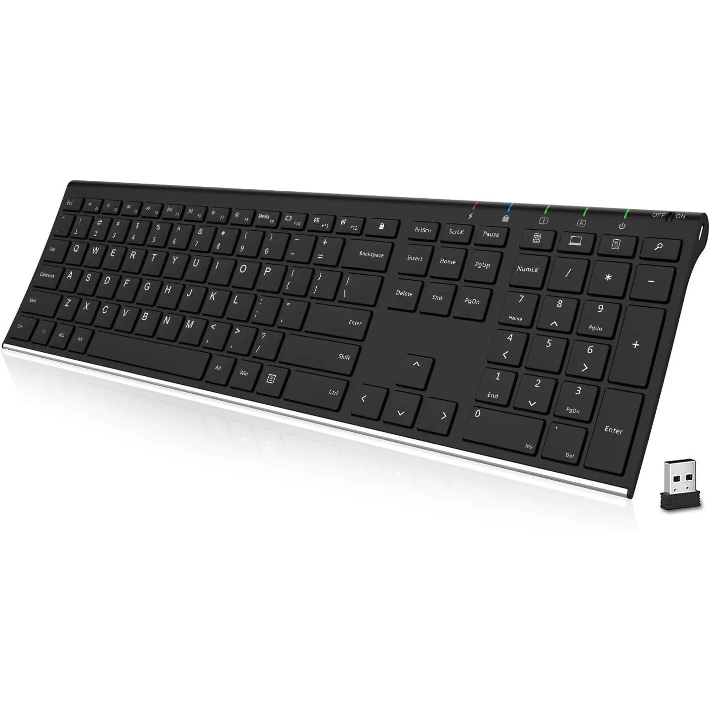 2.4G  Keyboard Stainless Steel Ultra Slim Full Size Keyboard with Numeric Keypad for Computer/Desktop/PC/Laptop/Surface/ TV and Windows 10/8/ 7 Built in Rechargeable