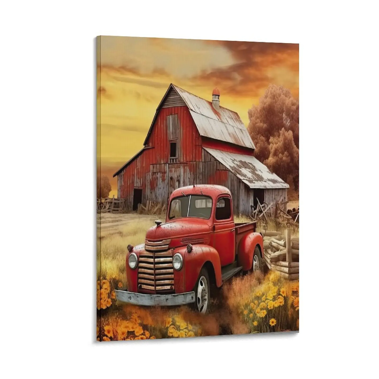 Farmhouse Canvas Wall Art, Old Farmhouse Barn And Red Pick-Up Truck Painting Print Canvas Poster Bedroom Decor Sports Landscape Office Room Decor Gift Frames Ornaments Decoration Artistic Photo Frame-.