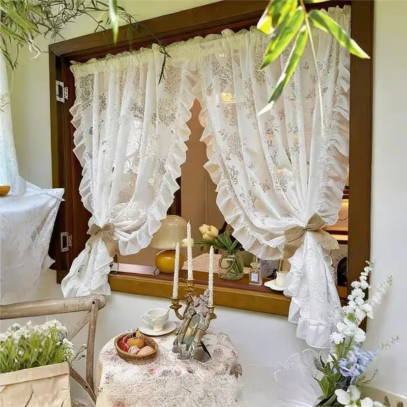 1 Piece French Retro Butterfly & Rose Jacquard Ruffled Sheer Curtain, Rod Pocket Top, Romantic & Warm Home Decor Sheer Curtain, Home Decoration Curtain, Home Decorative Curtain for Living Room, Bedroom, Balcony and Bay Window