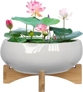 MUZHI White Ceramic Water Lotus Bowl Planter Pot with Bamboo Stand 7.8”, Lotus Shape Hydroponic Water Lily Flower Pot Planter No Drainage Hole