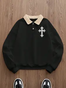Men's Gothic Cross Polo Shirt, Long Sleeve, Lamb Fur Color Block Collar, Fitted Comfortable Fit, Winter Warm Fashion, Street Style, Casual, Daily Wear, Menswear