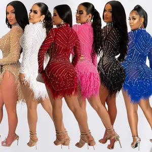 Women Sexy Rhinestone Feather Dress Mesh Sheer Bodycon Long Sleeve Mini Dresses Birthday Outfits Clubwear