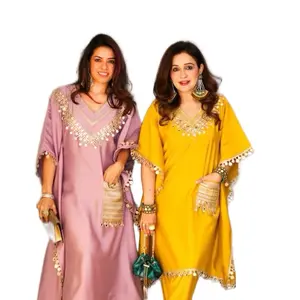 Silk Kaftan with Embo - Elegant Design in Pink and Yellow Colors for Stylish Wear