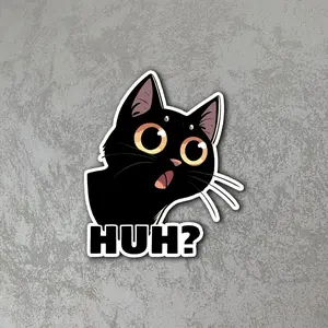 Huh Cute Black Cat Funny Reaction Meme Vinyl Sticker Waterproof Laptop Car Decal Cat Lover Gift