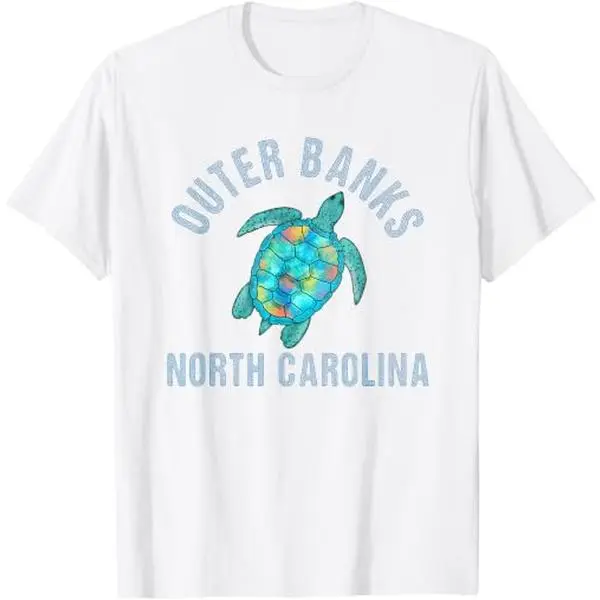 Men's Short-Sleeve Coastal Theme T-Shirt - Outer Banks North Carolina Sea Turtle Pastel Retro Printed Graphic, Multi-Size White Round Neck Coastal Vacation Top, Shortsleeve, Graphic Print