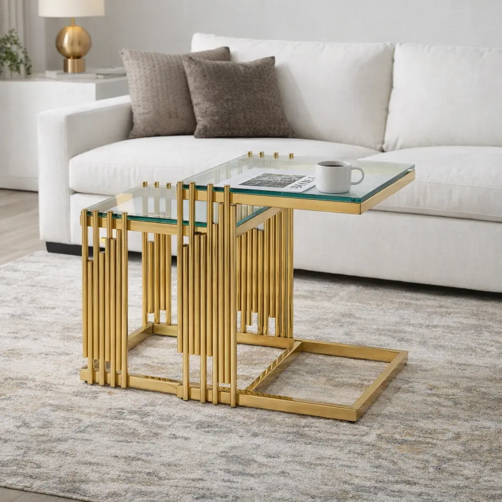 2-Piece Nested Stackable C-Shape Frame Side Table Set, Glam Modern Square Indoor Accent Tables with Stain-Resistant Tempered Glass Top, Polished Gold Industrial Metal Frame, Easy Assembly Required, Home Decoration for Living Room