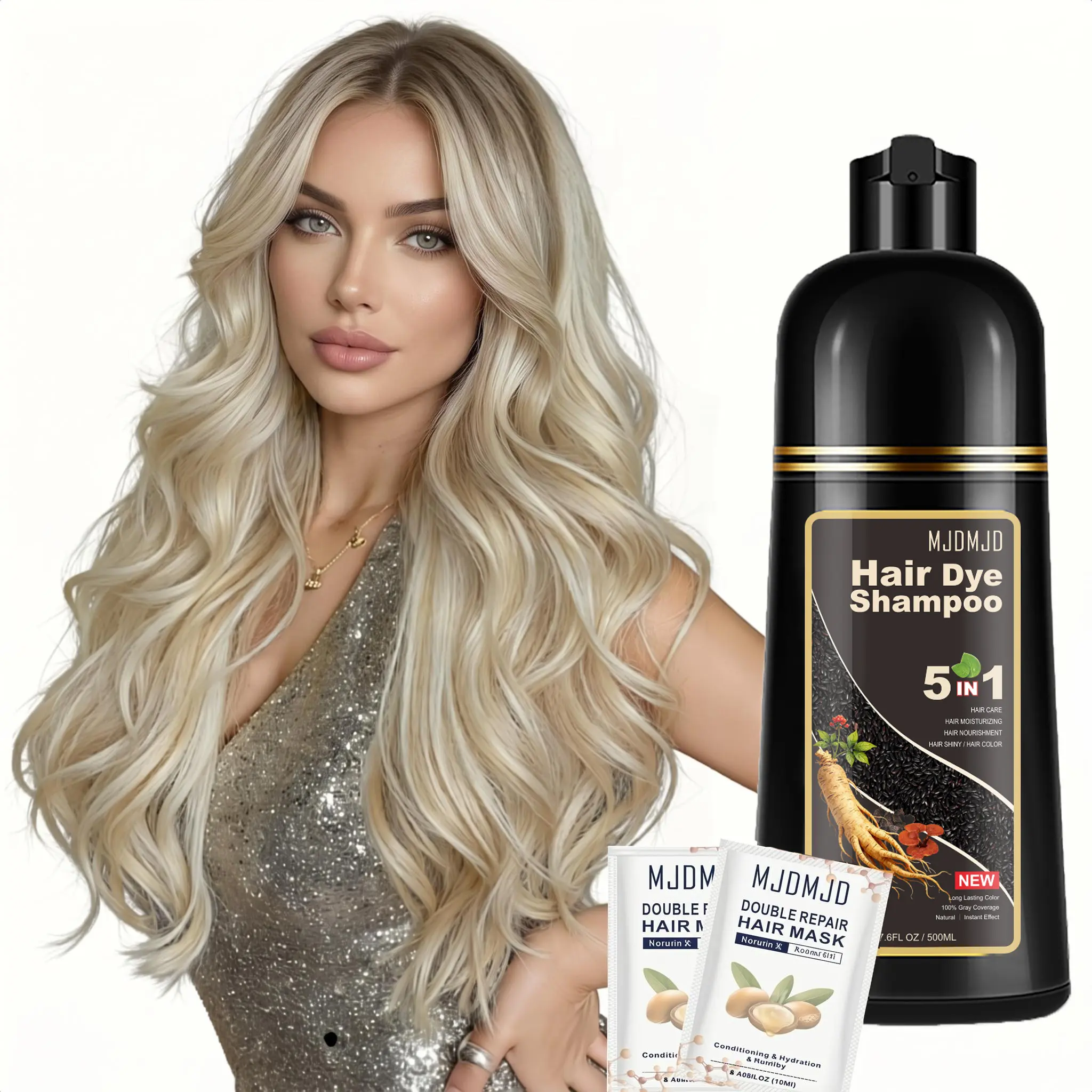 5 in 1 Golden Brown Hair Shampoo 500 ml,With 24 ml Hair Mask,Semi-Permanent Blonde Hair Dye shampoo for Natural Hair,Lasts 30 Days,Fast Acting Formula for Men & Women