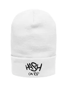 Hash on Top Cuffed Beanie Blanco 100% Turbo Acrylic Fabric Embroidered Design Comfortable Warm Winter Hat