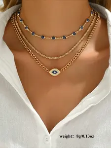 3pcs Metal Chain Devil Eye Pendant Necklaces Set, Minimalist Choker Jewelry for Women Everyday and Gathering Wear, Stainless Steel Chains, Fashion Accessories