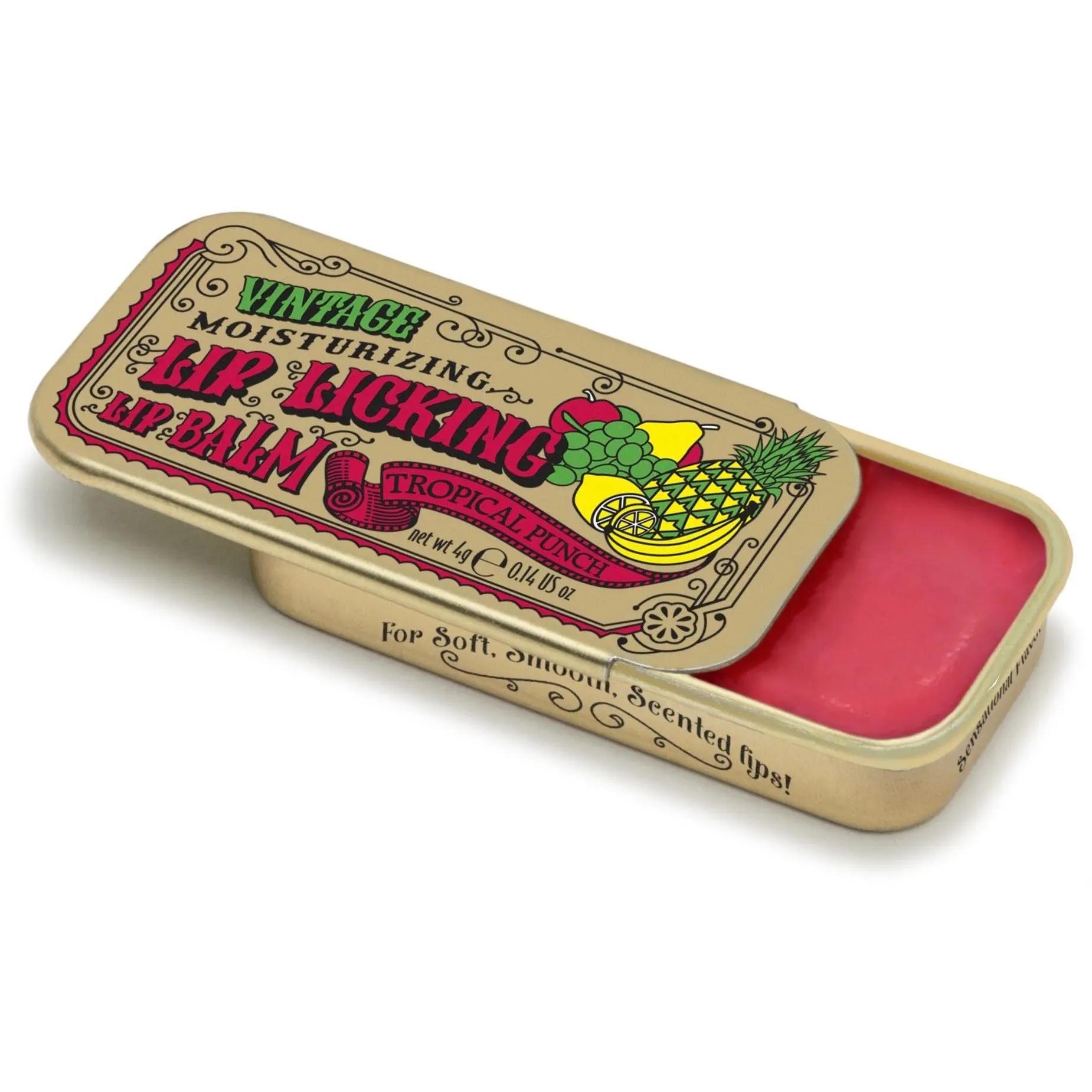 Tinte Cosmetics Lip Balm, Tropical Punch Scented Moisturizing Tinted Lip Color with Organic Shea Butter, Gluten-Free & Cruelty-Free in Vintage Slider Tin, 0.23 oz