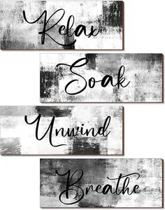 4 Pcs Bathroom Wall Decor 10 x 4 Inch Bathroom Wall Art Contemporary Wood Restroom Pictures for Soak Unwind Relax Hanging Sign
