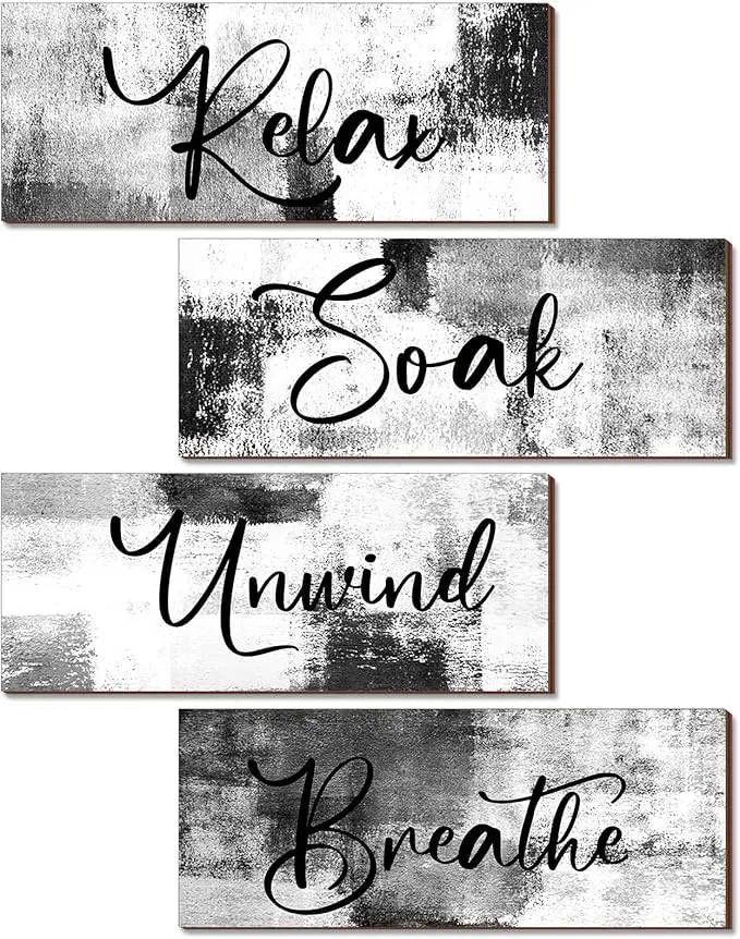 4 Pcs Bathroom Wall Decor 10 x 4 Inch Bathroom Wall Art Contemporary Wood Restroom Pictures for Soak Unwind Relax Hanging Sign