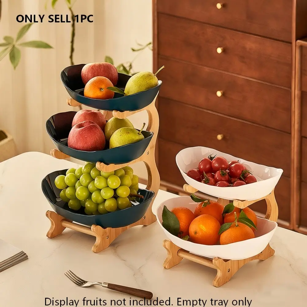 Kitchen Counter 3 Layer Fruit Bowl Set, Plastic Basket with Bamboo Rack, & Tiered Storage Organizer for Kitchen Countertop, Display Risers Stand, Countertop Shelf