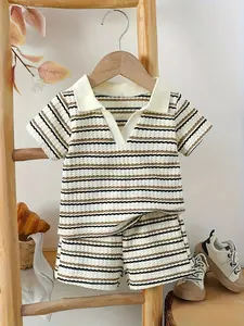 Boys Summer Fashion and Striped V-Neck Short Sleeve Top with Matching Beltless Shorts Set, Outdoor Games, Casual Home Rest, Toddler Striped Sets