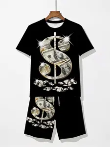 Men's 3D Dollar Bill Print Short Sleeve T-Shirt & Shorts Set, Sporty Slim Fit, Breathable Outdoor Wear, Summer Fashion