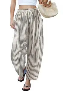Womens Wide Leg Linen Pants Casual Drawstring Palazzo Harem Pants Summer Loose Beach Travel Vacation Pants with Pockets