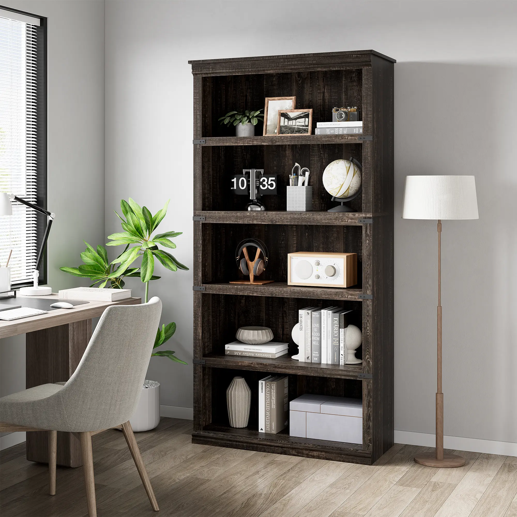 32 Inch Wide 5 Tier Bookcase, Modern Freestanding Wood Shelves with Open Storage Compartments, Display Shelf for Home Office Library, Gray Color Heavy Duty