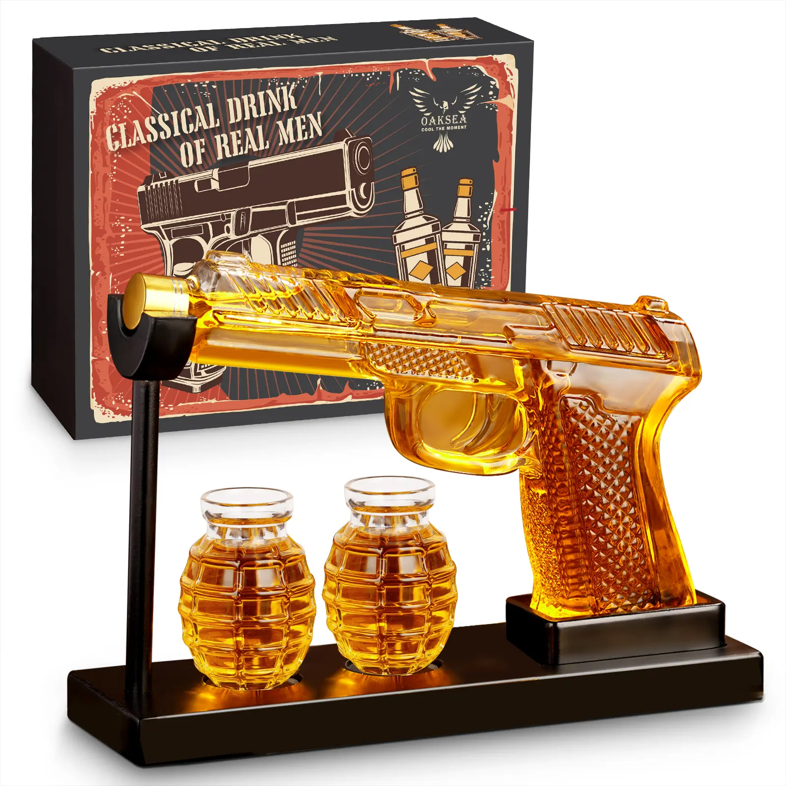 Military Gun Shape Liquor Decanter Set - 9 oz Decanter with 2 oz Shot Glasses, Leak-Proof Lead-Free Glass, Gift-Ready Tactical Home Bar Man Cave Gift for Men