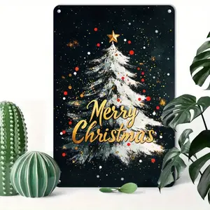 1pc Rustic Aluminum Merry Christmas Tree Vintage Wall Plaque 8x12 Inch 20x30cm Reusable Mixed Color Art Craft Poster for Room Bar Cafe Garage Home Decor