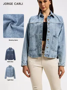 JORGE CARLI  Women's Plain Button Front Drop Shoulder Curved Hem Denim Jacket, Casual Long Sleeve Pocket Design Collar Outerwear for Daily Wear, Ladies Clothes for All Seasons