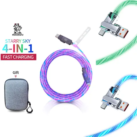 Mokongfu 120W 4-in-1 LED Glow Fast Charging Cable - USB-A & Type-C Connectors, UK Type, Bright Blue/Green, Compatible with Smartphones, Mobile Devices, Typec Fast Charging Cables