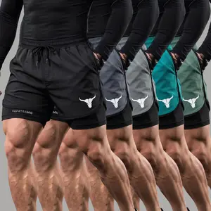 Pack of 5 two-in-one double-layer shorts with inner pockets—men’s quick-dry athletic shorts suitable for summer gym workouts and training.