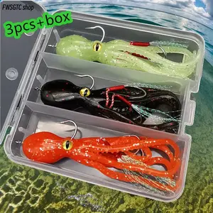 This set comes with 3 octopus-shaped soft fishing lures built with hooks. The lifelike artificial baits are stored in a portable box, perfect practical gear for outdoor fishing.