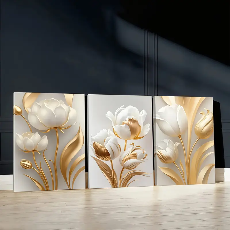 3panel Spring Wall Framed Canvas Art Prints - 3pcs Wooden Floral Boho Print, Modern Home Decor, Gift-Ready Decor for Living Room, Bedroom Housewarming Gift