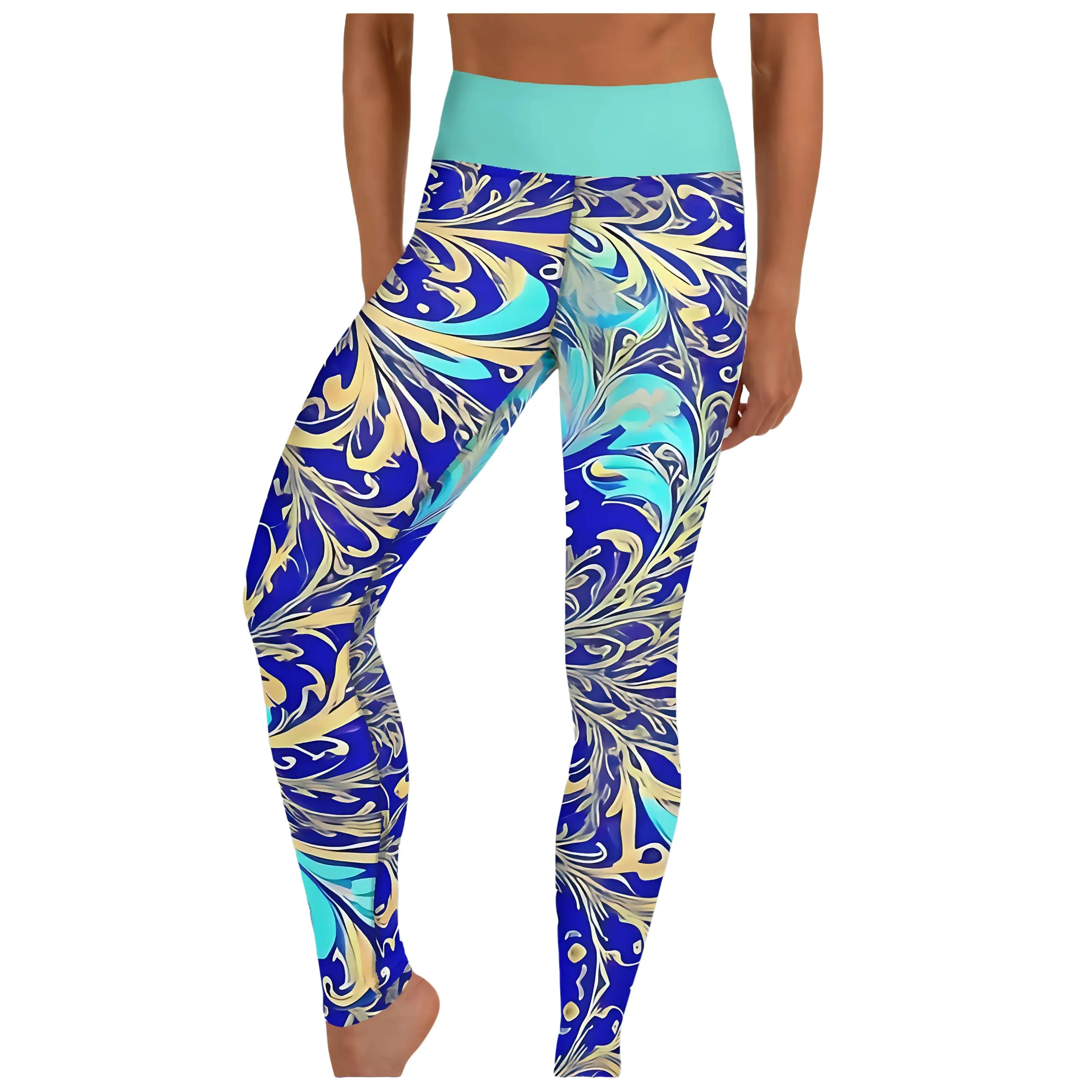 Paint Pour Swirl Leggings - Blue Yellow Marble Abstract Women's Activewear High Waisted Artistic Workout Fitness Athleisure Gym Yoga Pants