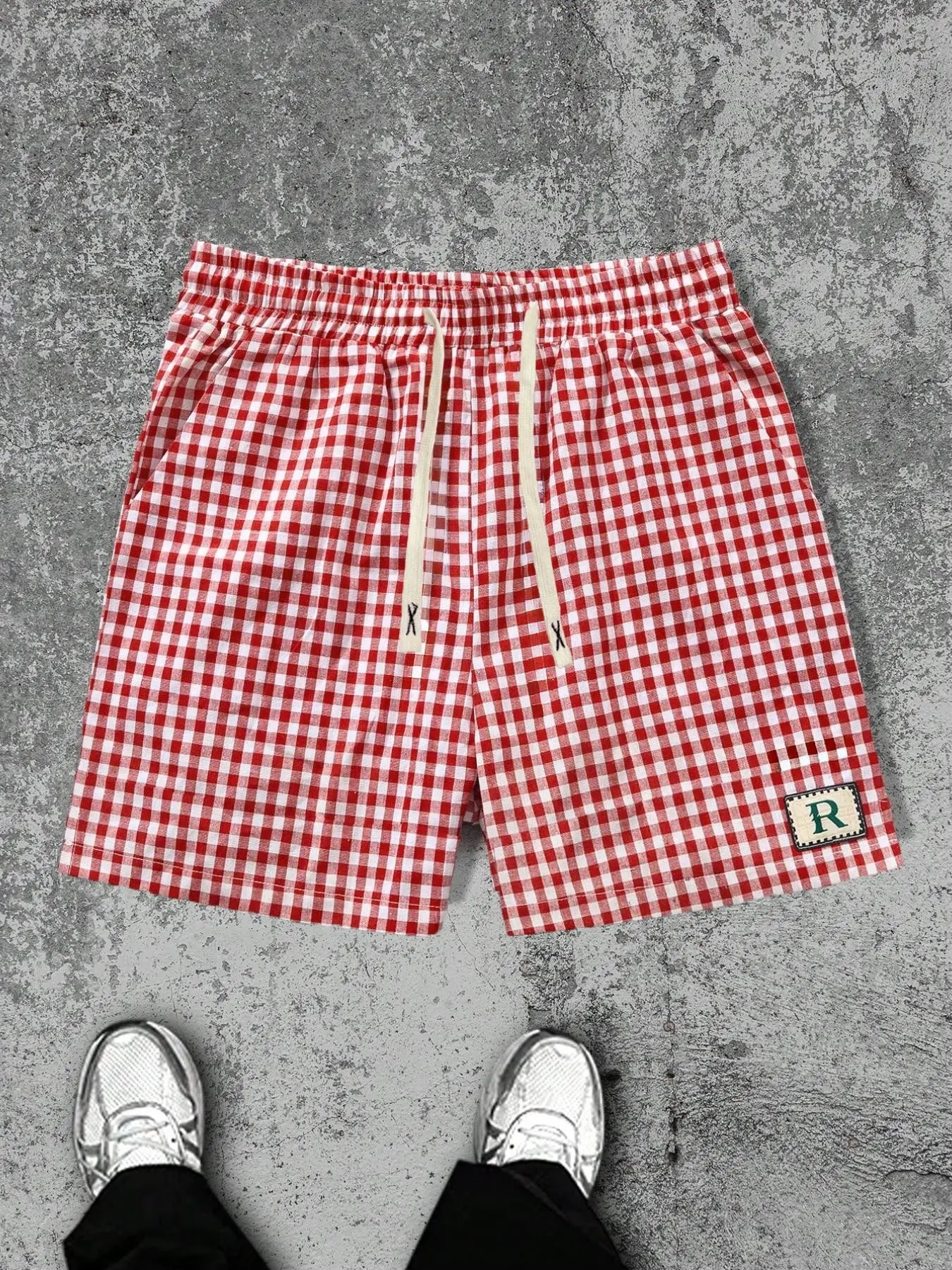 Unisex Red Gingham Check Shorts, R Patch Casual Drawstring Shorts, Preppy Streetwear, Summer Beach & Vacation Outfit, Daily Wear, Retro Y2K Fashion, Perfect Gift for Him & Her