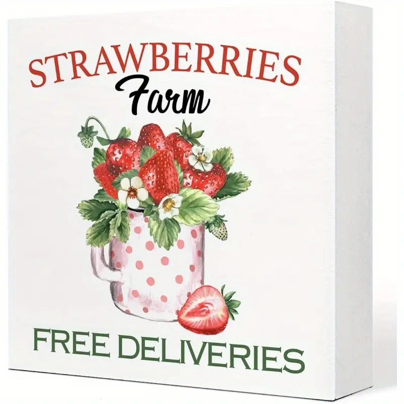 Summer Desk Decor, Strawberries Farm Deliveries Wooden Plaque Sign Desk Decor, Rustic Strawberry Wood Block Sign Desk Decorations for Summer Home Kitchen Farm Garden Shelf Table Decor 5x5 inch