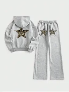 Women's Long Sleeve Casual Knit Home Set, Fashion Chic Aesthetic Leopard Star Print, Daily Wear, Suitable for Indoor & Outdoor, Essential Lazy Wardrobe