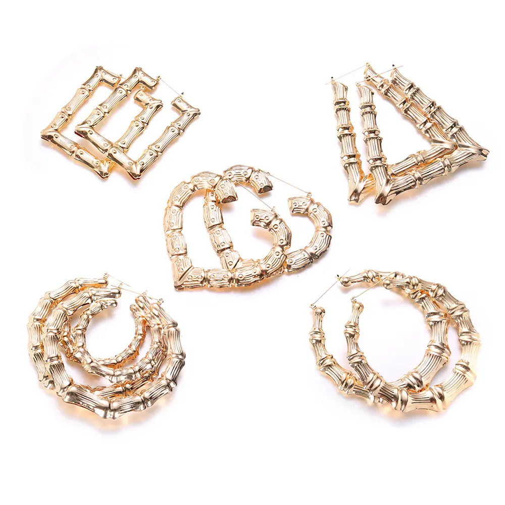 Exaggerated golden large hoop hip-hop street dance earrings, oversized bamboo earrings