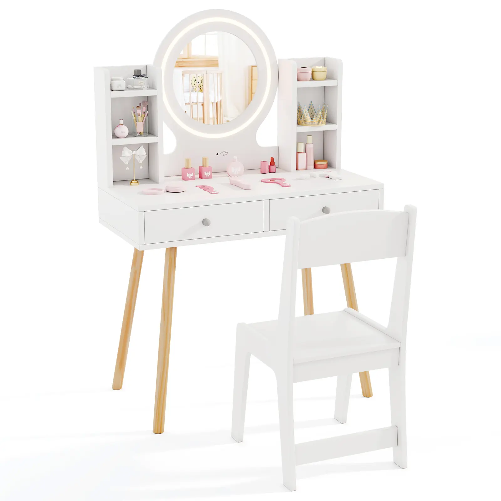 COSTWAY - Kids Vanity Set with Lighted Mirror and Storage Drawers-White COSTWAY - Kids Vanity Set with Lighted Mirror and Storage Drawers-White