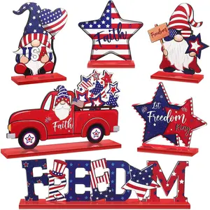 6 Pieces Patriotic Table Decor Memorial Day Table Decorations Wooden Gnome Freedom Truck Star 4th of July Table Signs for Veterans Day Independence Day Table Topper Decor Supplies (With Base)