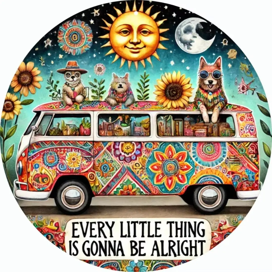 Hippie Van Pattern Garden Decor, Cool Decor, Round Aluminum Metal Sign, Yard Sign, Garden Decoration, Garden Ornaments, Garden Statues, Garden Decorations